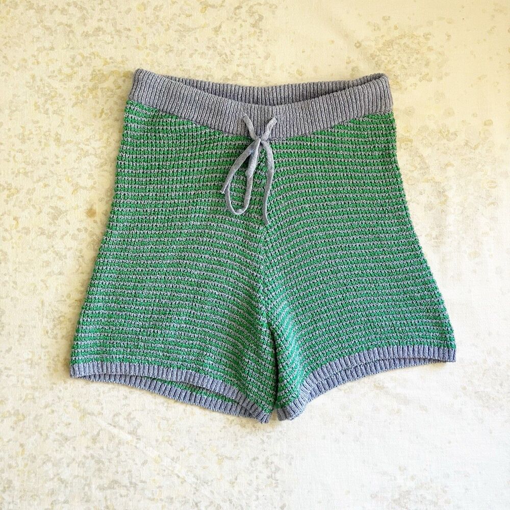 Zara High Rise Knit Shorts Size Small Striped Green Purple Drawstring Oversized